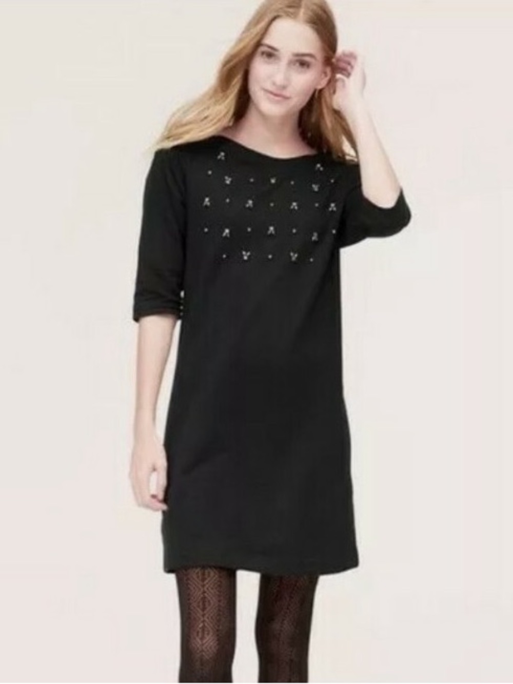 LOFT Black Embellished Mini Dress with Three-Quarter Sleeves Small